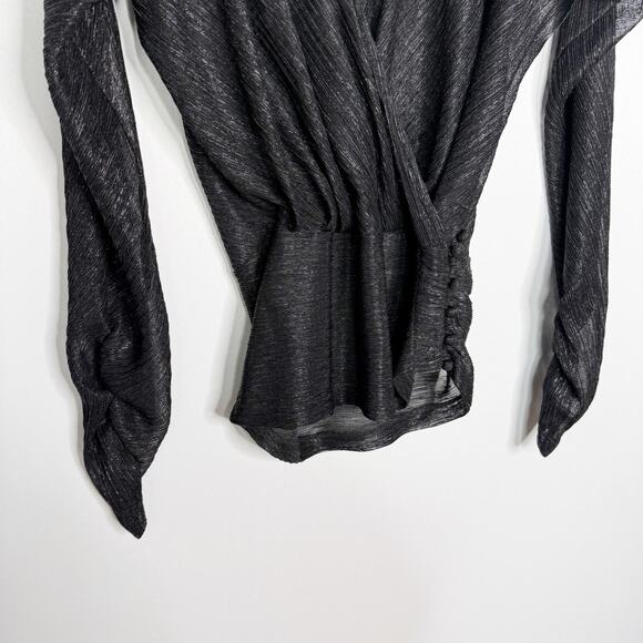 Kinly XSmall XS Black Metallic Surplice VNeck Long Sleeve Blouse Top Ruched Hem - Picture 4 of 8